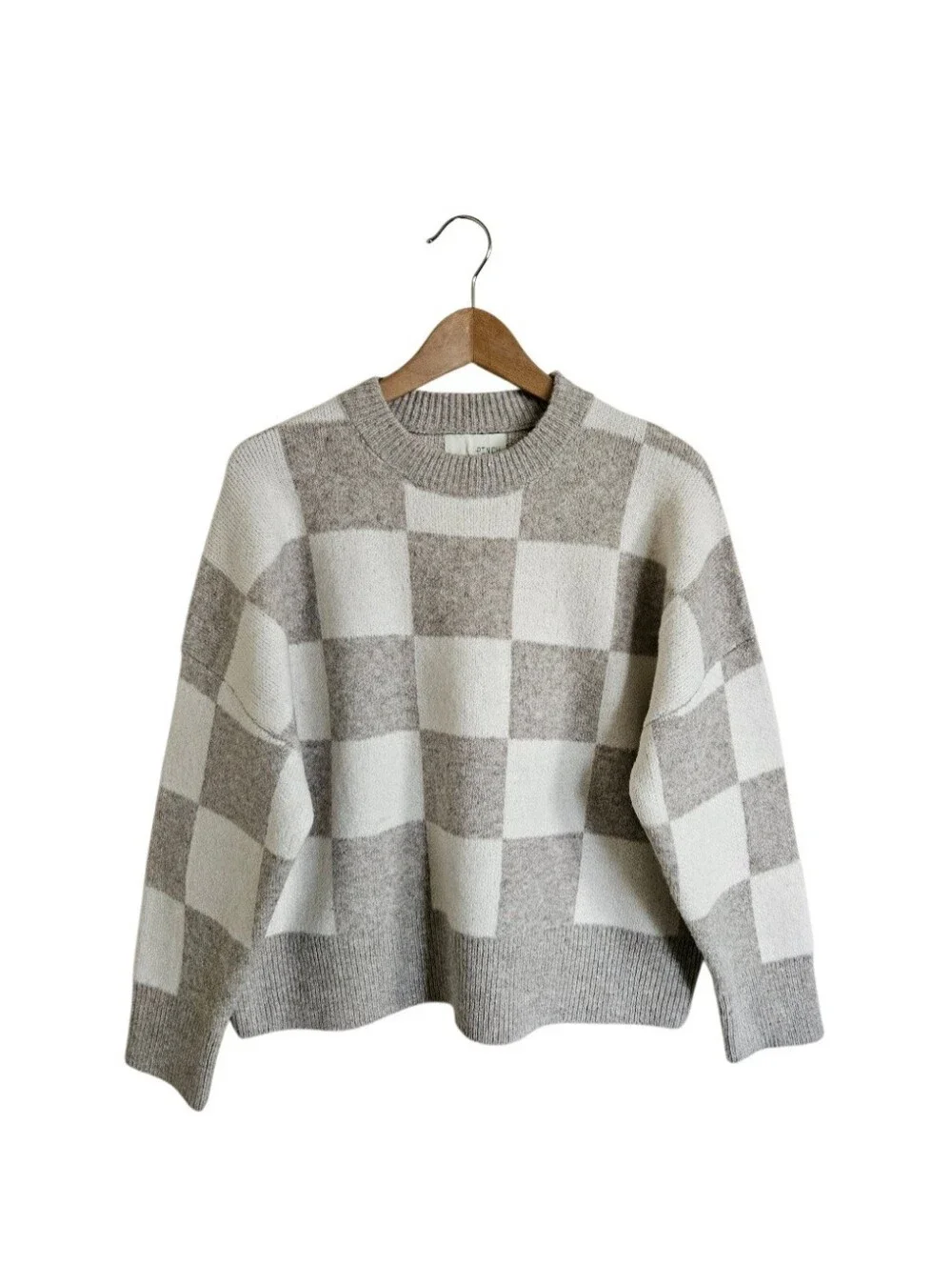 Pinch Women's Checkerboard Crewneck Sweater Cream and Taupe Size S